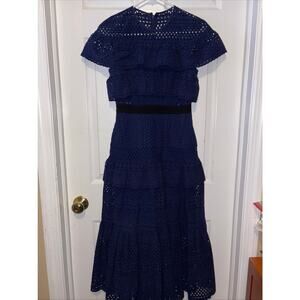 Self portrait eyelet navy blue lace tiered midi length dress size 8